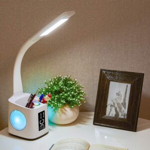 LED Study Desk Lamp – USB Charging, Screen, Calendar & Colorful Night Light with Pen Holder